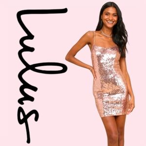 Lulus Bring It Rose Gold Sequin Bodycon Mini Dress Scoop Neck Adj Straps MED NWT